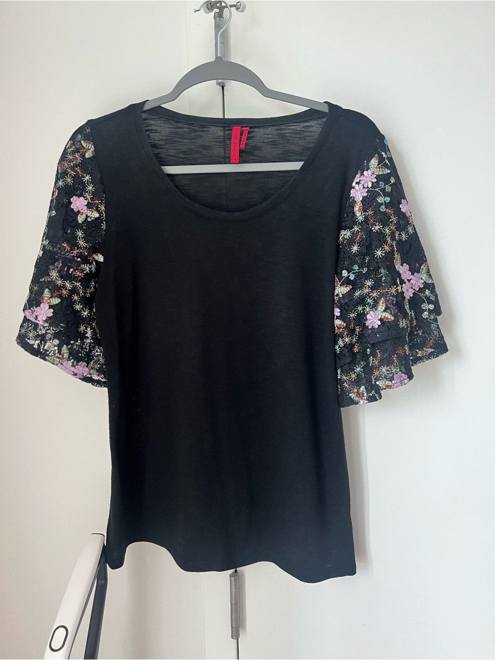 Black Floral Embroidered Flutter Sleeve Top